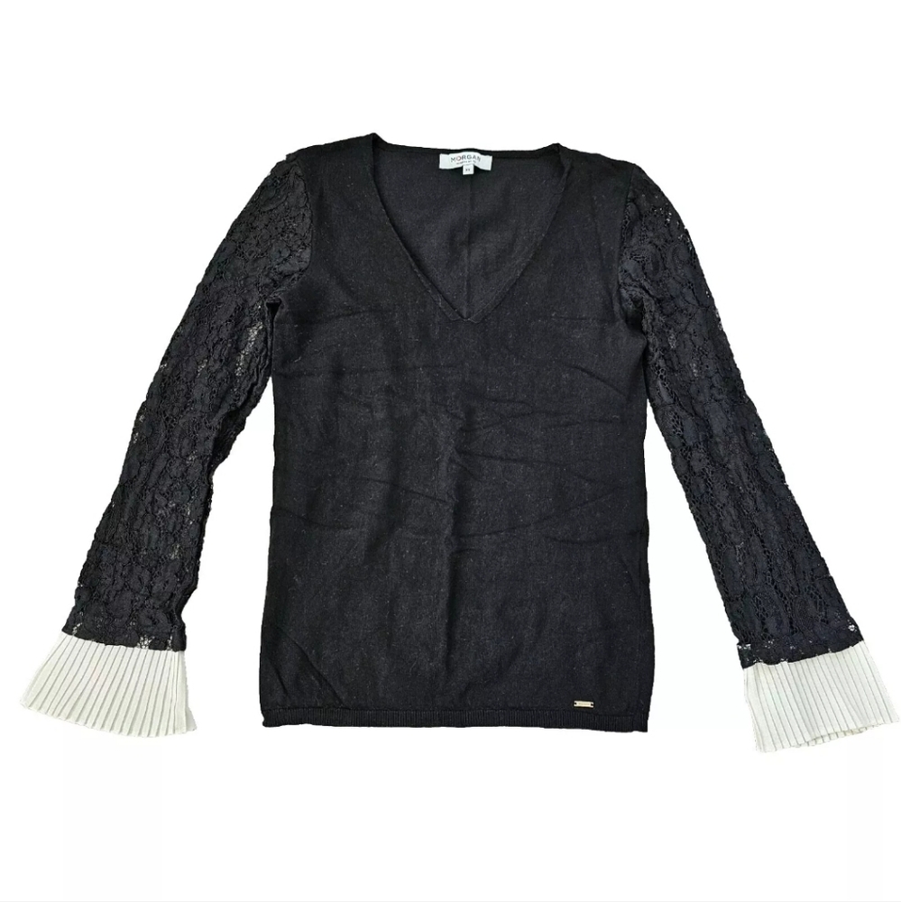 Morgan de Toi Sweater Lace Sleeve V Neck Black Size XS Knit Stretchy